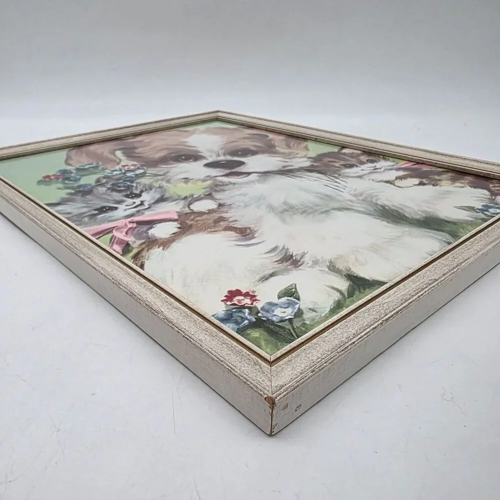 Vintage Framed Puppy & Kittens Print Wall Art Retro Illustration Wooden Frame 50